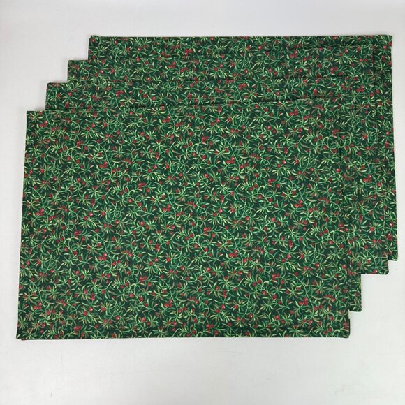 Vintage Christmas Holly & Mistletoe Fabric Placemats Double-Sided Set Of 4 - Picture 3 of 4